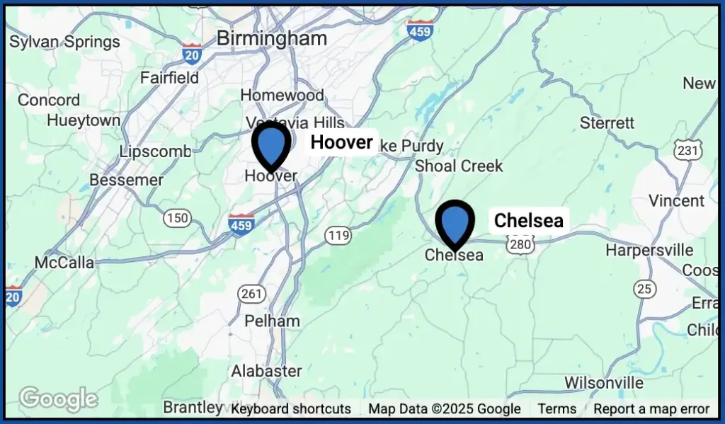 tsunami pressure washing service area map showing location in Hoover AL
